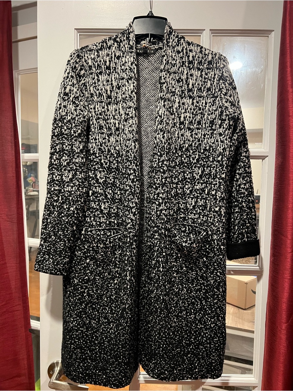 Athleta Black & White Open-Front Textured Long Trench Coat